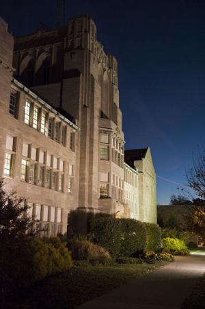 Olmsted Hall at night vertical